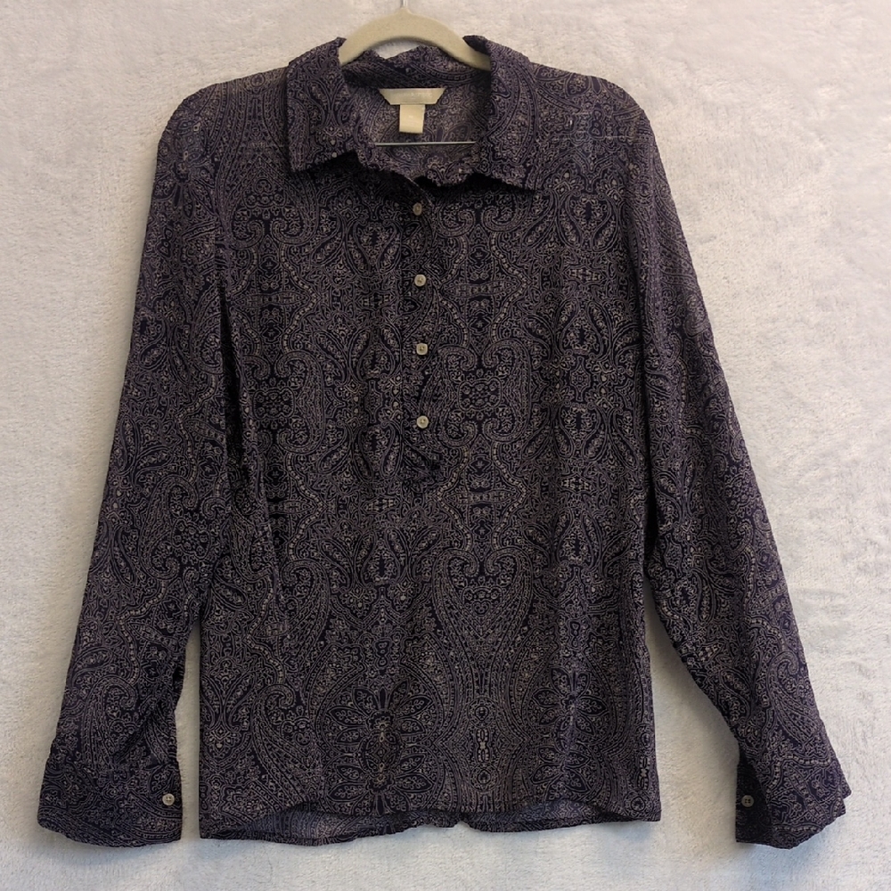 Banana Republic‎ Women's Purple Patterned Sheer Button Down Blouse Size M